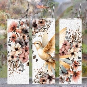 Handmade Neutral Hummingbird Tumbler New 20oz Skinny With Lid And Reusable Straw